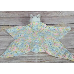 Handmade Knit Crochet Sleeping Bunny Baby Lovey Security Blanket White Pink Blue